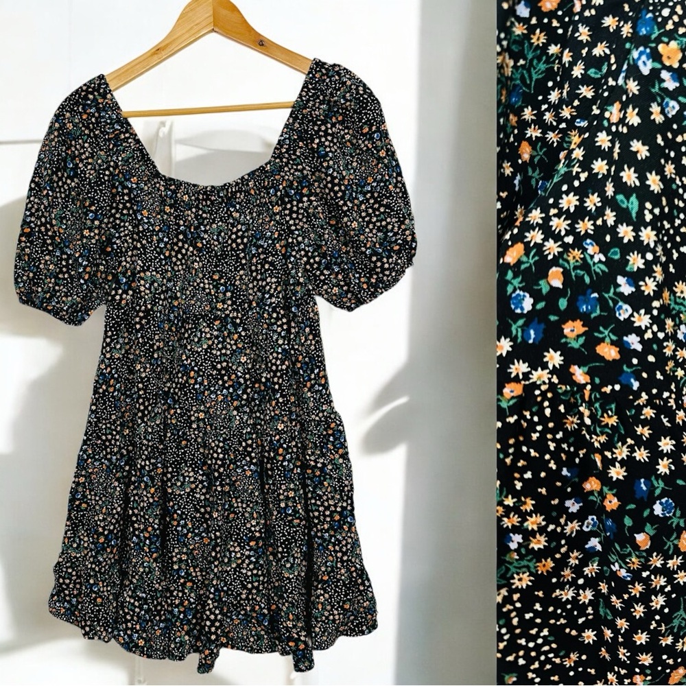 Wild Fable Square Neck Puff Sleeve Ditsy Floral Print Flowy Tiered Mini Dress XS